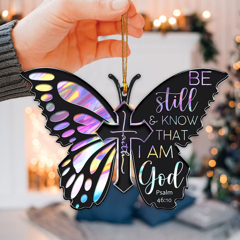 Talataca Butterfly Be Still & Know That I Am God Faith Cross Christian 2D Flat Car Rear View Mirror Accessories Christmas Tree Ornament Decoration Hanging Charm Interior Rearview Pendant Decor Gift - Image 5