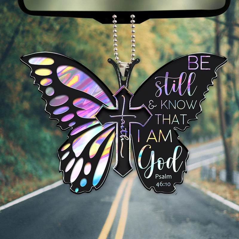 Talataca Butterfly Be Still & Know That I Am God Faith Cross Christian 2D Flat Car Rear View Mirror Accessories Christmas Tree Ornament Decoration Hanging Charm Interior Rearview Pendant Decor Gift - Image 3