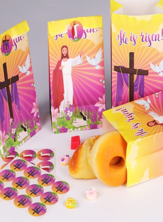 gisgfim أكياس هدايا ورقية لحفلة عيد الفصح "قام المسيح" مع ملصقات، عبوة من 24 كيسًا دينيًا مزينًا بصليب القيامة، أكياس حلوى وهدايا من الكتاب المقدس، مستلزمات تزيين لحفلات مدارس الأحد وعيد الفصح. - Image 4