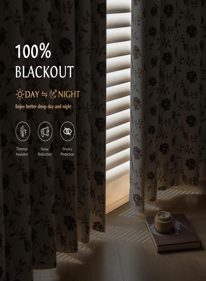 Beauoop ستائر Beauoop Floral المعتمة بنسبة 100%، طولها 63 بوصة، قطعتان، مناسبة لغرفة النوم وغرفة المعيشة، لون بني على بيج، بنقشة زهور الورد العتيقة، عازلة للحرارة والصوت، مزودة بحلقات معدنية، مقاس 52 × 63 بوصة. - Image 2