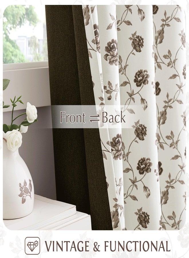 Beauoop ستائر Beauoop Floral المعتمة بنسبة 100%، طولها 63 بوصة، قطعتان، مناسبة لغرفة النوم وغرفة المعيشة، لون بني على بيج، بنقشة زهور الورد العتيقة، عازلة للحرارة والصوت، مزودة بحلقات معدنية، مقاس 52 × 63 بوصة. - Image 3