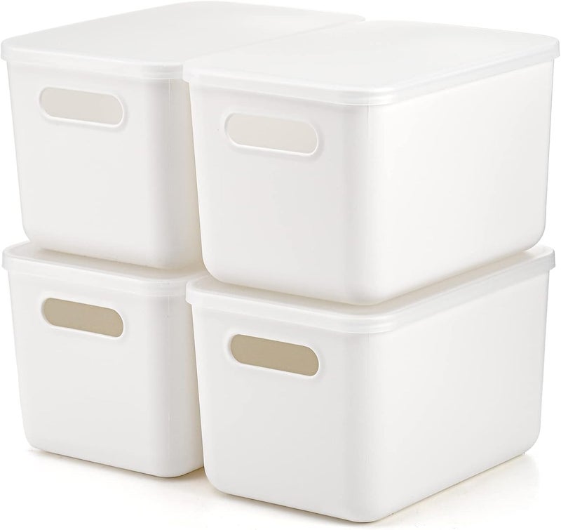 Lawei 4 Pack Plastic Storage Bins with Lid, White Stackable Storage Basket Organizer Box, Sturdy Containers Organizing Lidded Bins for Shelves, Cabinet, Desk, Pantry, Bedroom, Bathroom, Book, Toys - Image 1