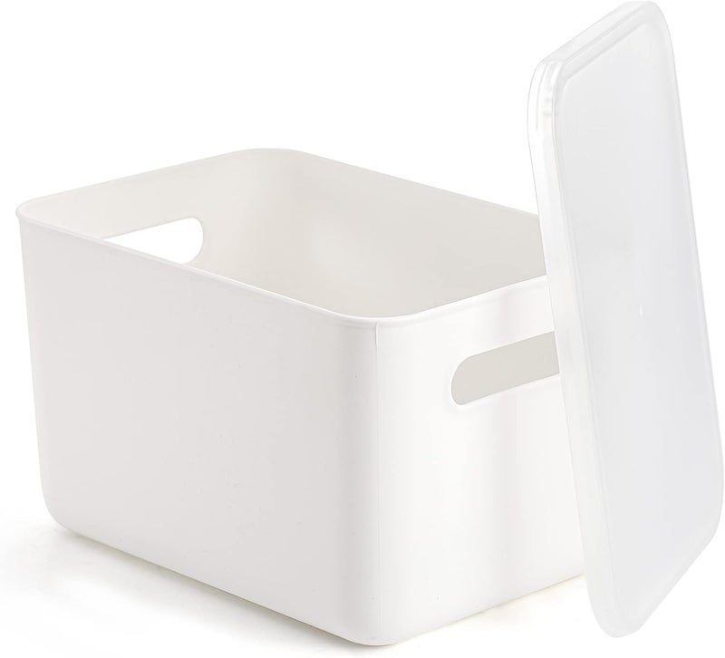 Lawei 4 Pack Plastic Storage Bins with Lid, White Stackable Storage Basket Organizer Box, Sturdy Containers Organizing Lidded Bins for Shelves, Cabinet, Desk, Pantry, Bedroom, Bathroom, Book, Toys - Image 3