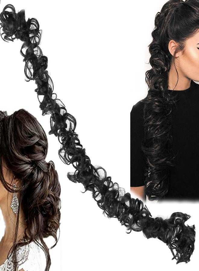 BLUSHIA Frill Hair Extensions Elastic Stretchable Synthetic Frill Add Volume Curly,Wavy Messy Juda Bun Ponytail Maker Hair Styles for Women And Girls -Color Natural Black (Pack-1) - Image 1