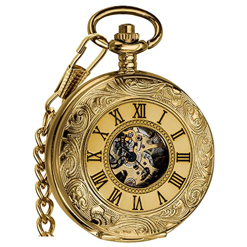 VIGOROSO Mens Pocket Watch with Chain Half Hunter Double Cover Skeleton Mechanical Watches Gold Roman Numeral in Box - Image 1