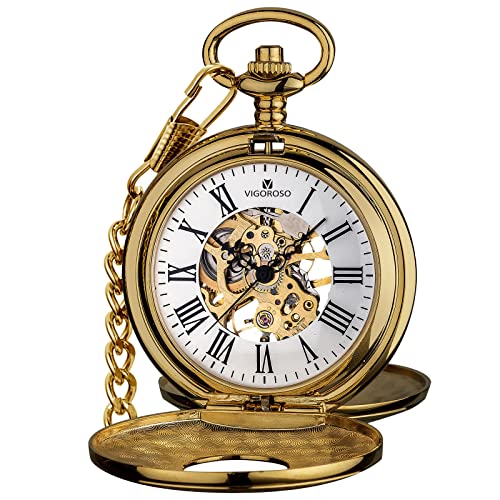 VIGOROSO Mens Pocket Watch with Chain Half Hunter Double Cover Skeleton Mechanical Watches Gold Roman Numeral in Box - Image 2