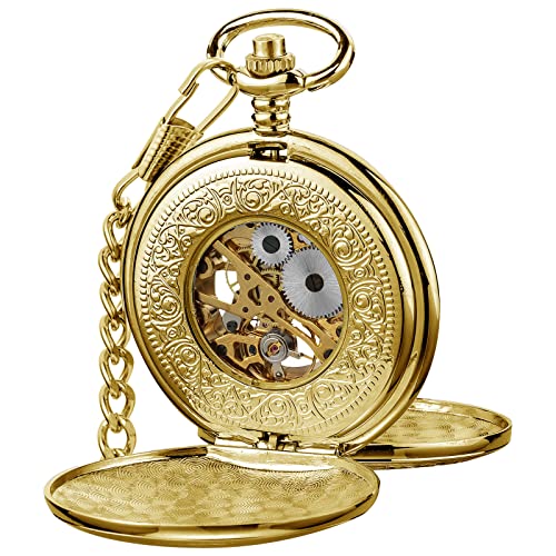 VIGOROSO Mens Pocket Watch with Chain Half Hunter Double Cover Skeleton Mechanical Watches Gold Roman Numeral in Box - Image 3