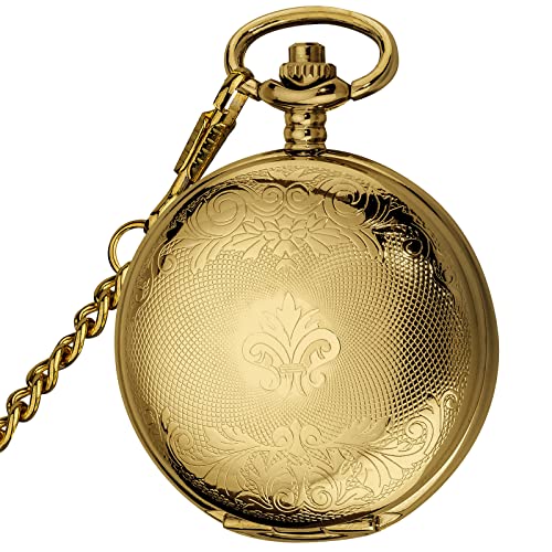 VIGOROSO Mens Pocket Watch with Chain Half Hunter Double Cover Skeleton Mechanical Watches Gold Roman Numeral in Box - Image 4