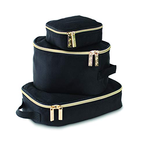 Itzy Ritzy Itzy Ritzy Packing Cubes For Travel Set of 3 Packing Cubes or Travel Organizers Each Cube Features a Mesh Top Double Zippers and a Fabric Handle Black with Gold Hardware