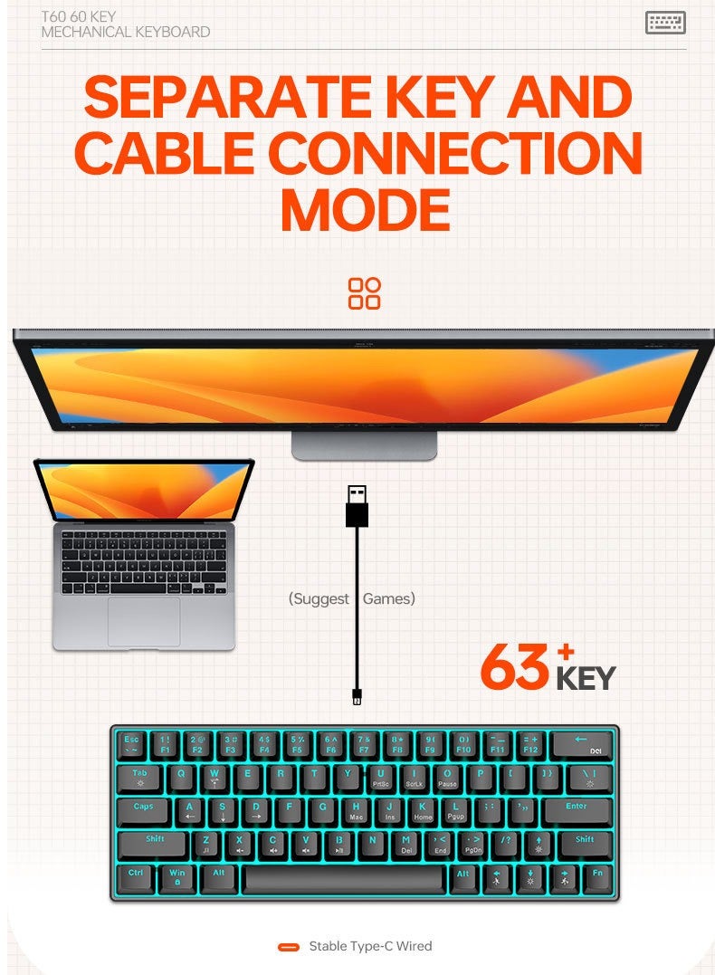 T-WOLF 63 Keys Mechanical Gaming Keyboard ,75% Mini Wired Waterproof Backlit Silent Color RGB Light Effect ,Suitable for PC/Ps4/Xbox Gamers - Image 5
