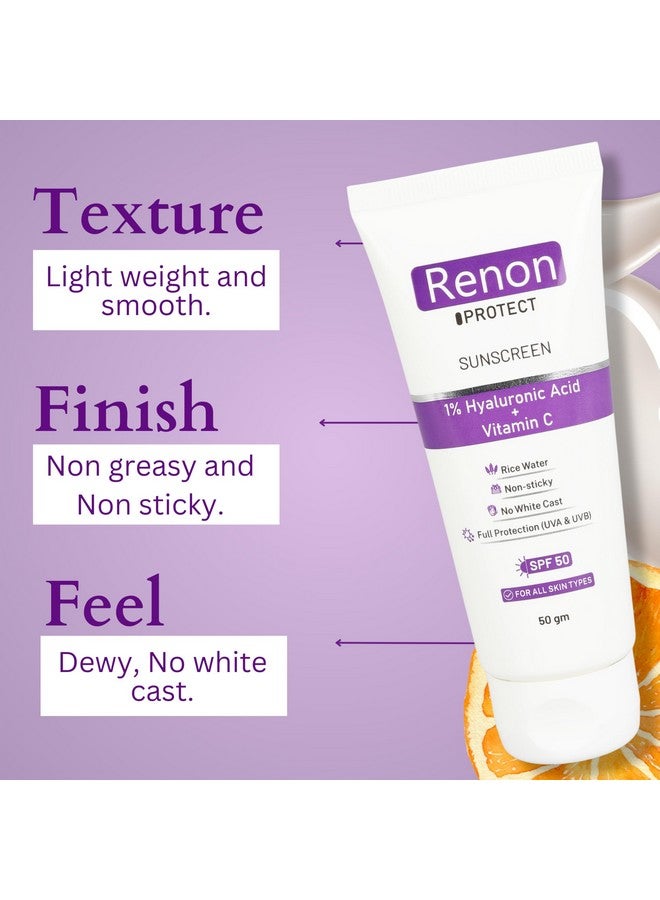 Renon Sunscreen - SPF 50 PA+++ 1% Hyaluronic Aqua Gel Sunscreen|Vitamin C+Rice Water|No white Cast |Non Sticky - Image 5