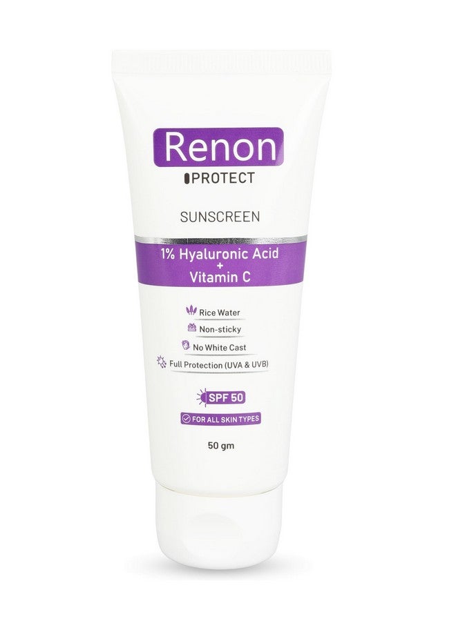 Renon Sunscreen - SPF 50 PA+++ 1% Hyaluronic Aqua Gel Sunscreen|Vitamin C+Rice Water|No white Cast |Non Sticky - Image 1