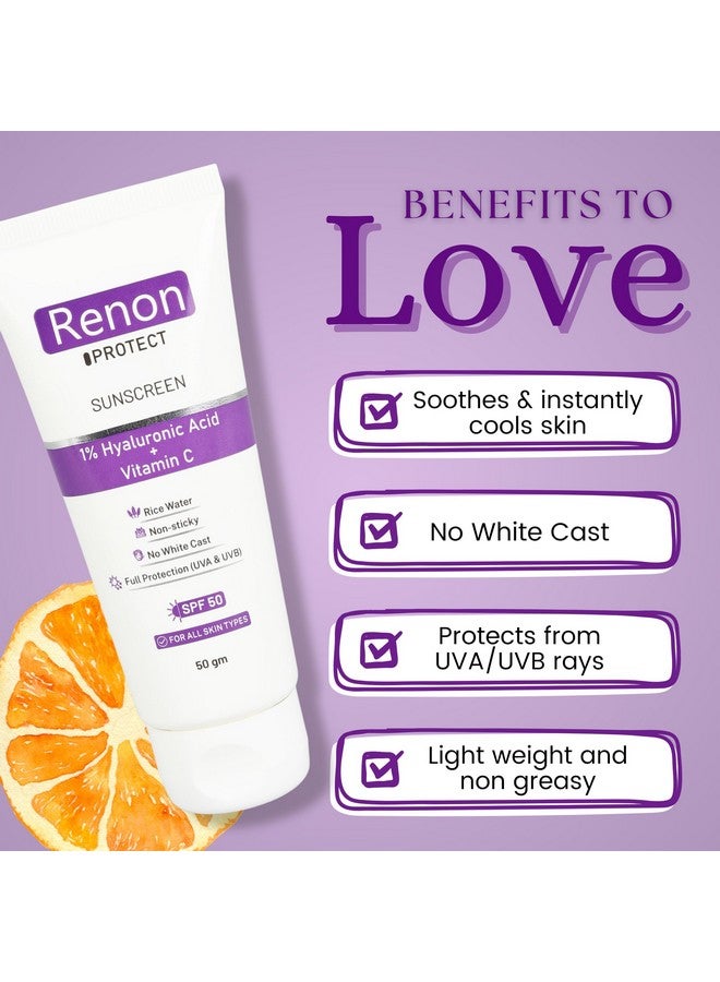 Renon Sunscreen - SPF 50 PA+++ 1% Hyaluronic Aqua Gel Sunscreen|Vitamin C+Rice Water|No white Cast |Non Sticky - Image 3