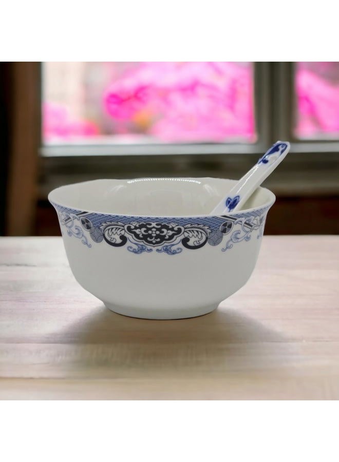 Festcool 10 Pcs Fine Bone China Blue and White Bowl, with Free 10 Porcelain Spoons, Rice Bowl, Cereal Bowl, Soup Bowl, Fruit Bowl Set - Image 5