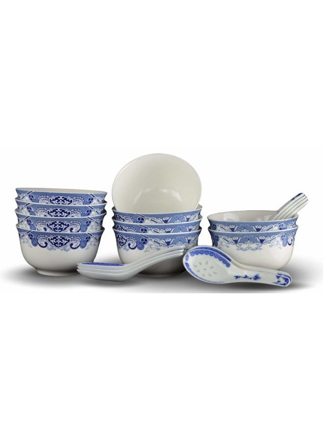 Festcool 10 Pcs Fine Bone China Blue and White Bowl, with Free 10 Porcelain Spoons, Rice Bowl, Cereal Bowl, Soup Bowl, Fruit Bowl Set - Image 1