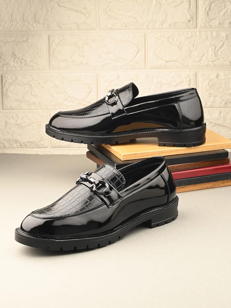 MACTREE Croco Print Leather Slipon Loafers for Men | Chunky Sole Loafers (Black, UK 9) - Image 3