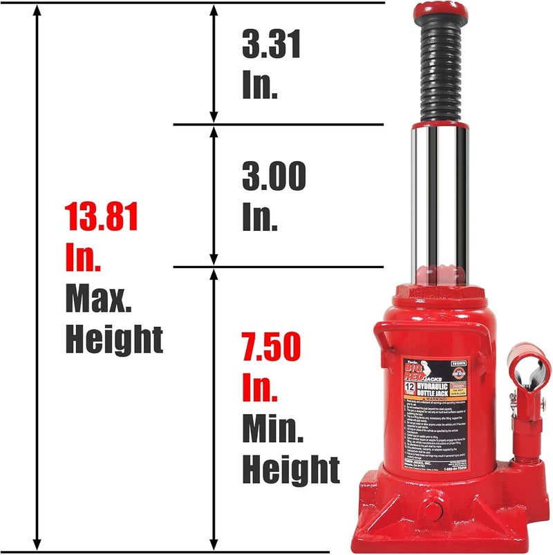 BIG RED T91207A Torin Hydraulic Stubby Low Profile Welded Bottle Jack, 12 Ton (24,000 lb) Capacity, Red - Image 2