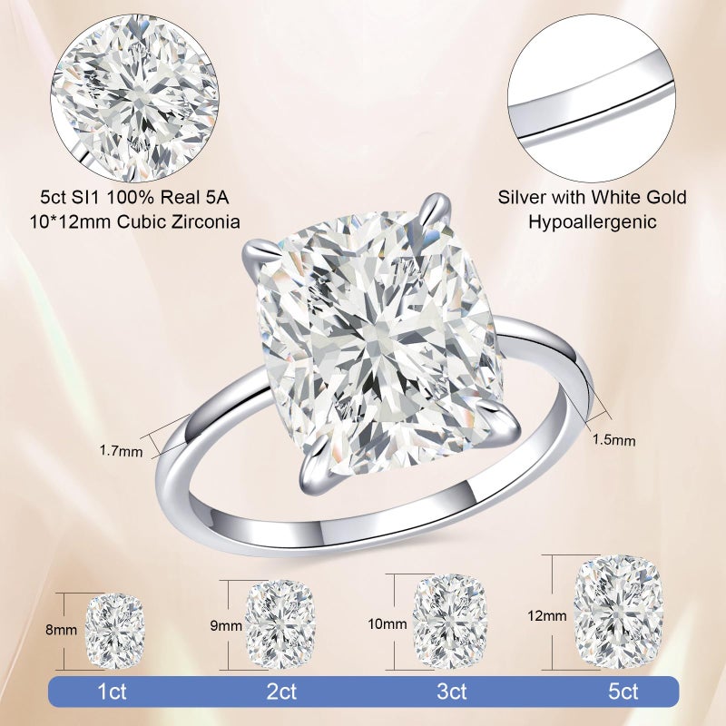AVECON 5CT Elongated Cushion Cut Engagement Ring for Women, Promise Wedding Cubic Zirconia White Gold Plated Band Size 7 - Image 3