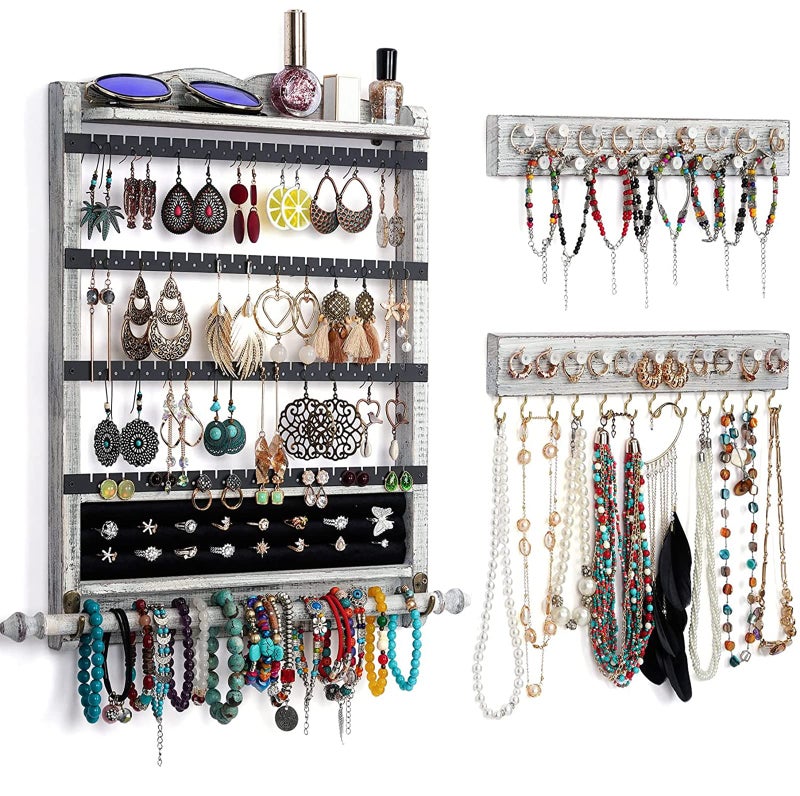 QILICHZ Wall Jewelry Organizer Set of 3 Jewelry Holder Jewelry Organizer Wall Mounted Wood Hanging Jewelry Wall Organizer Rustic Jewelry Hanger for Jewelry Storage Display