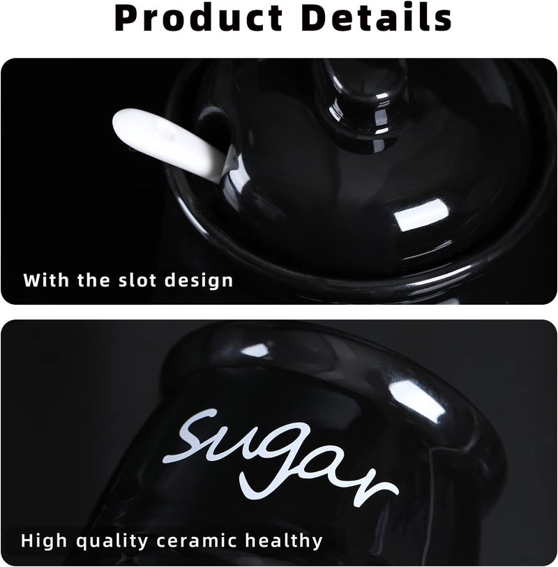 ONTUBE 12oz Sugar and Salt Bowls with Lid and Spoon, Ceramics Condiment Pots,Seasoning Jar Spice Container for Kitchen,Dishwasher Safe (Black) - Image 4