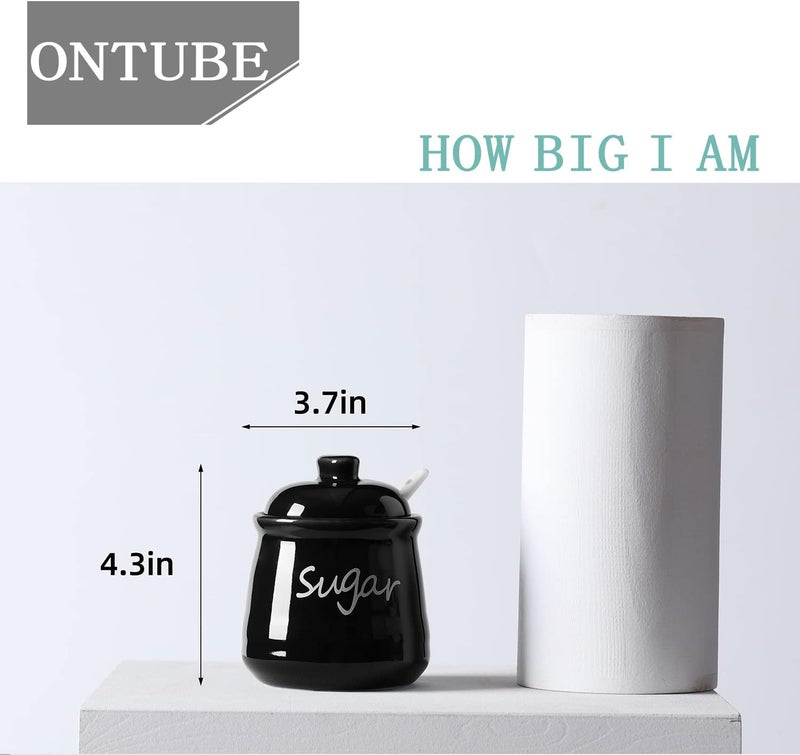 ONTUBE 12oz Sugar and Salt Bowls with Lid and Spoon, Ceramics Condiment Pots,Seasoning Jar Spice Container for Kitchen,Dishwasher Safe (Black) - Image 2