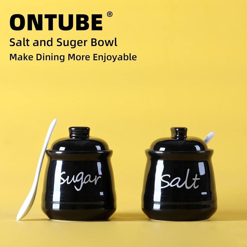ONTUBE 12oz Sugar and Salt Bowls with Lid and Spoon, Ceramics Condiment Pots,Seasoning Jar Spice Container for Kitchen,Dishwasher Safe (Black) - Image 5