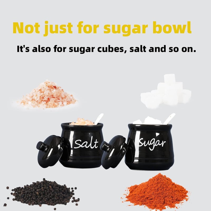 ONTUBE 12oz Sugar and Salt Bowls with Lid and Spoon, Ceramics Condiment Pots,Seasoning Jar Spice Container for Kitchen,Dishwasher Safe (Black) - Image 3