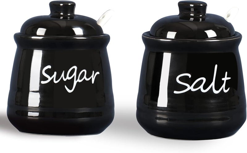 ONTUBE 12oz Sugar and Salt Bowls with Lid and Spoon, Ceramics Condiment Pots,Seasoning Jar Spice Container for Kitchen,Dishwasher Safe (Black) - Image 1