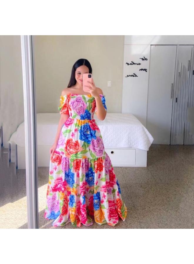 Summer New European And American Women's Clothing Design Sense Off-shoulder Long Dress Off-shoulder Long Printed Dress Skirt Women 