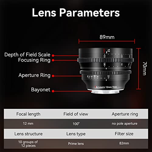 7Artisans 12mm T2.9 Large Aperture APS-C Ultra Wide Angle Cine Lens, Manual Fixed Focus Low Distortion Cinema Lens Compatible for Sony E Mount A6500 A6300 A5000 A9 NEX 3 NEX 3N NEX 5R, Black - Image 5
