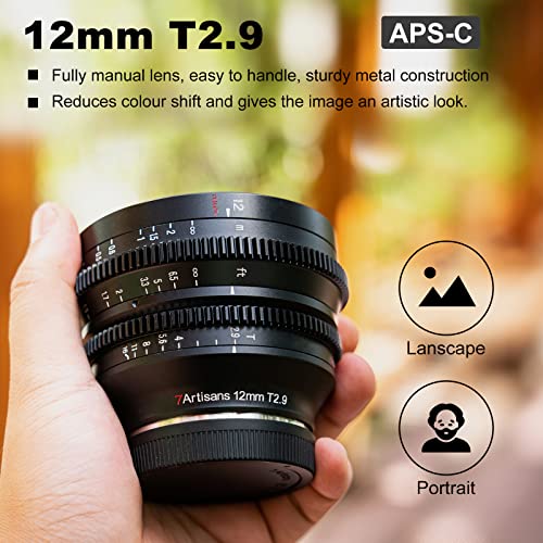 7Artisans 12mm T2.9 Large Aperture APS-C Ultra Wide Angle Cine Lens, Manual Fixed Focus Low Distortion Cinema Lens Compatible for Sony E Mount A6500 A6300 A5000 A9 NEX 3 NEX 3N NEX 5R, Black - Image 3