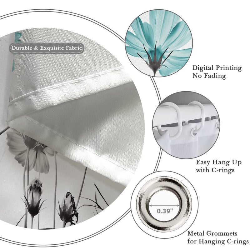 Kikiry Stall Shower Curtain Small 36''W x 72''L Teal and Gray Floral Daisy Flower Elegant Wildflower Design Polyester Fabric Waterproof 7 Pack Plastic Hooks - Image 3