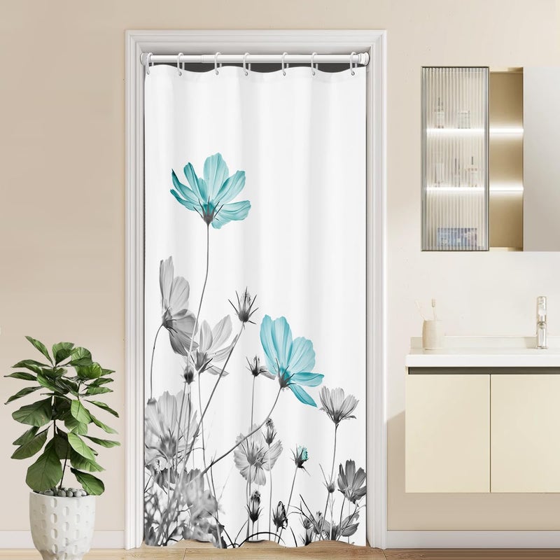 Kikiry Stall Shower Curtain Small 36''W x 72''L Teal and Gray Floral Daisy Flower Elegant Wildflower Design Polyester Fabric Waterproof 7 Pack Plastic Hooks - Image 1