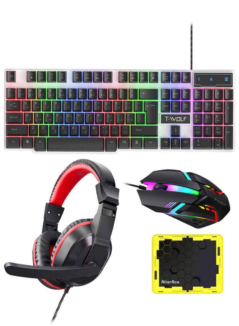 تي- وولف مجموعة لوحة مفاتيح ألعاب عربية وإنجليزية، ماوس، سماعة رأس، ولوحة ماوس، ولوحة مفاتيح ألعاب بإضاءة خلفية RGB، ولوحة مفاتيح سلكية بمنفذ USB، مناسبة للاعبي الكمبيوتر الشخصي، وأجهزة إكس بوكس، وبلايستيشن 5 - Image 1