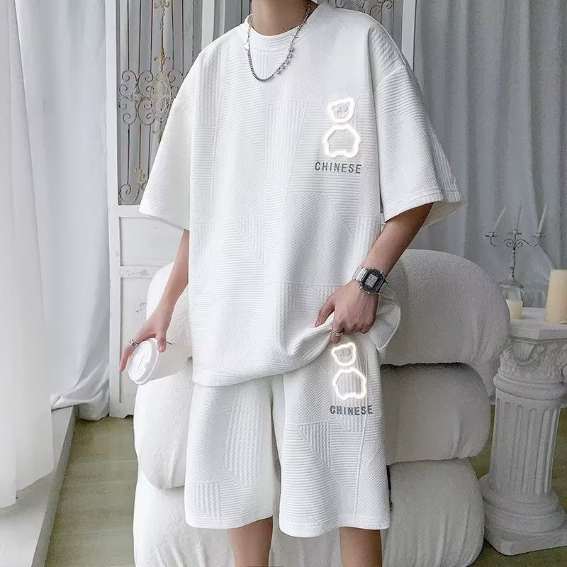 Mens Waffle Short Sleeve T-Shirt Casual Sport Shorts Set 2117 Gray - Image 2