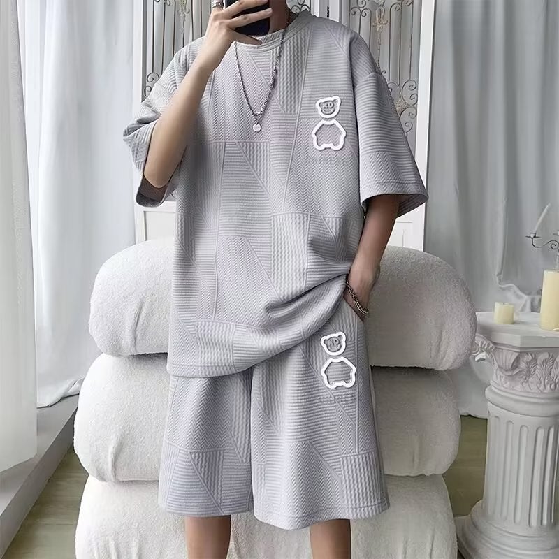 Mens Waffle Short Sleeve T-Shirt Casual Sport Shorts Set 2117 Gray - Image 1