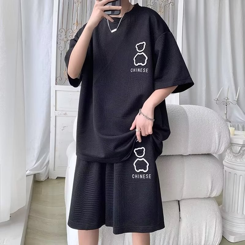 Mens Waffle Short Sleeve T-Shirt Casual Sport Shorts Set 2117 Gray - Image 3