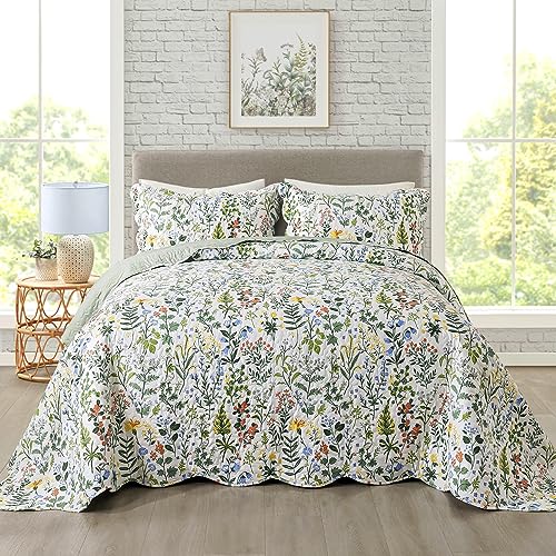 Travan 3Piece Quilt Set Quilted Bedspread Lightweight Coverlet Set Garden Style Floral Printed Oversized Quilted Bedding Set with Shams for All Season Exquisite King Size