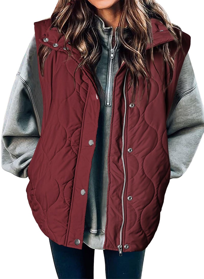 EVALESS Womens Fashion Cropped Puffer Vest Fall Winter 2025 Lightweight Quilted Stand Collar Sleeveless Button Down Jackets Warm Coat Outerwear Gilet with Pockets Red X-Large - Image 1