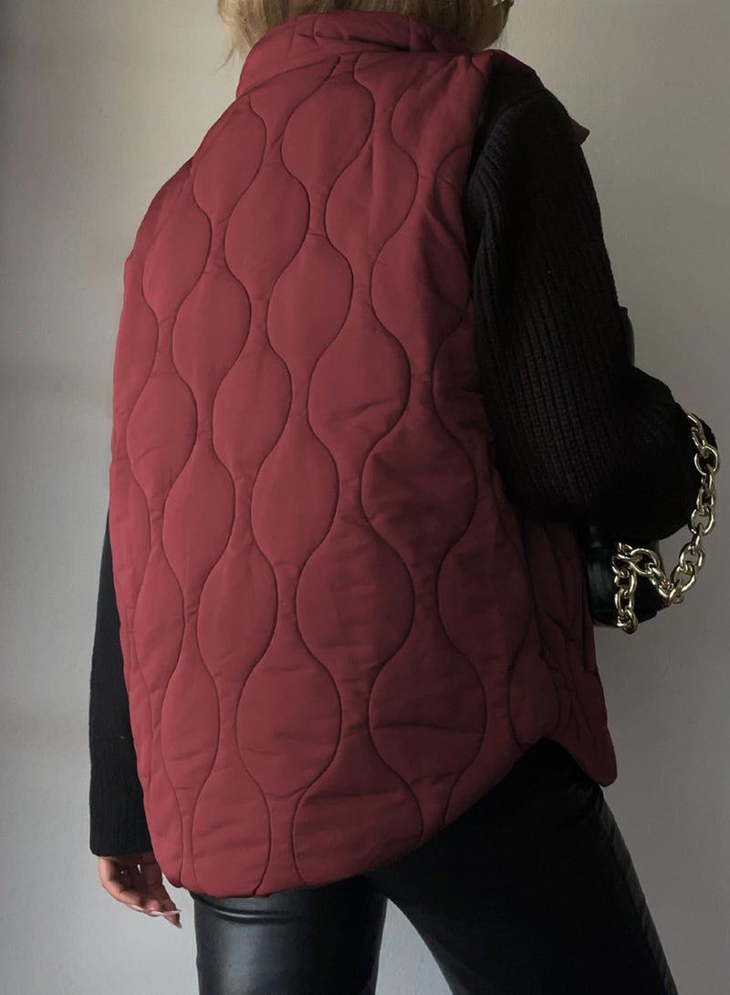 EVALESS Womens Fashion Cropped Puffer Vest Fall Winter 2025 Lightweight Quilted Stand Collar Sleeveless Button Down Jackets Warm Coat Outerwear Gilet with Pockets Red X-Large - Image 4