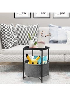 Hihonor Folding End Table 2-Tier Metal Round Side Table with Removable Tray for Living Room (Black with storage)  - Image 2
