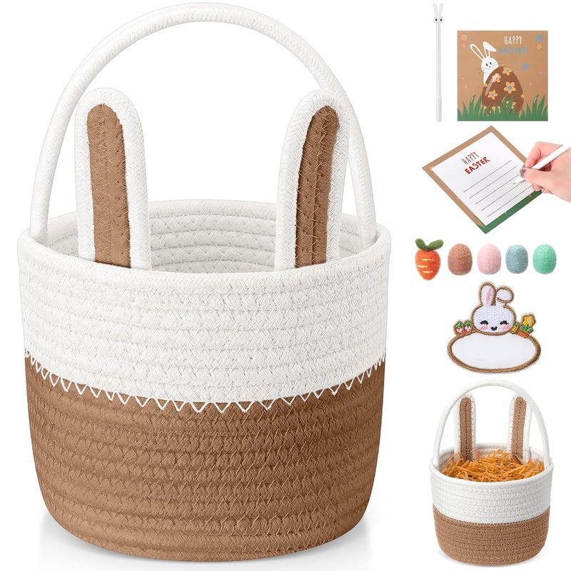 SiliFine Small Easter Baskets Set Woven Easter Basket with Name Tag Detachable Rabbit Ear Rustic Bunny Basket for Kids Girl Boy Baby Party Decoration SuppliesBrown - Image 1