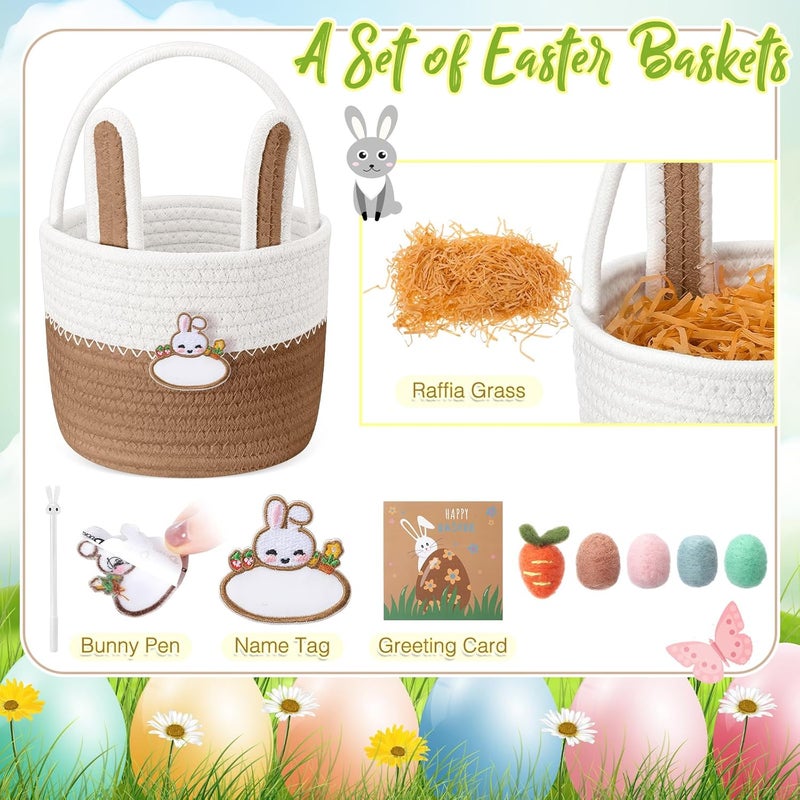 SiliFine Small Easter Baskets Set Woven Easter Basket with Name Tag Detachable Rabbit Ear Rustic Bunny Basket for Kids Girl Boy Baby Party Decoration SuppliesBrown - Image 4