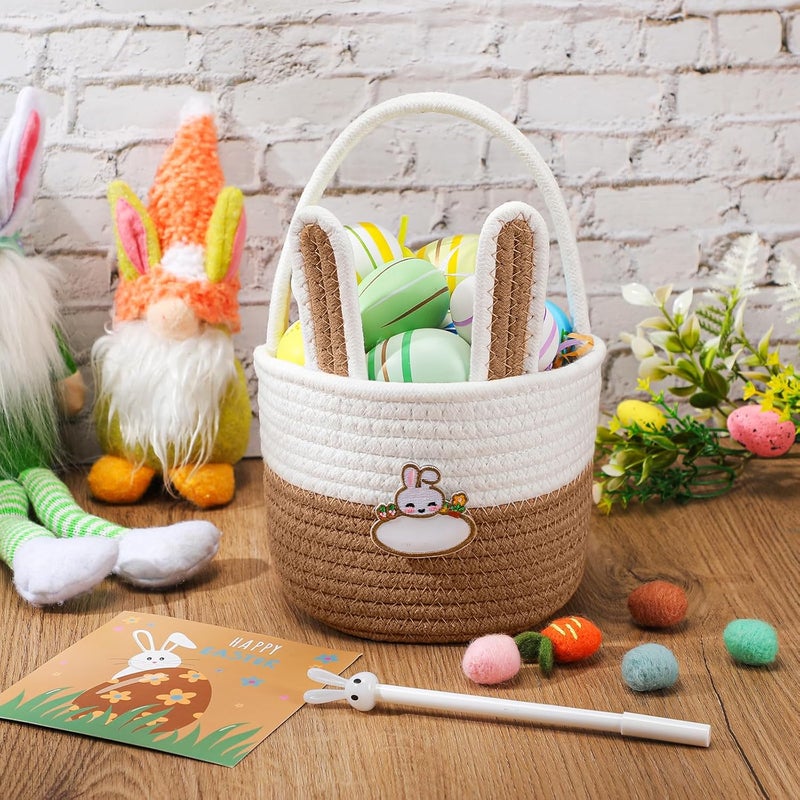 SiliFine Small Easter Baskets Set Woven Easter Basket with Name Tag Detachable Rabbit Ear Rustic Bunny Basket for Kids Girl Boy Baby Party Decoration SuppliesBrown - Image 5
