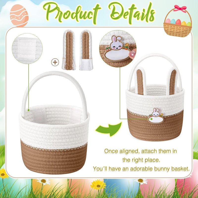 SiliFine Small Easter Baskets Set Woven Easter Basket with Name Tag Detachable Rabbit Ear Rustic Bunny Basket for Kids Girl Boy Baby Party Decoration SuppliesBrown - Image 3