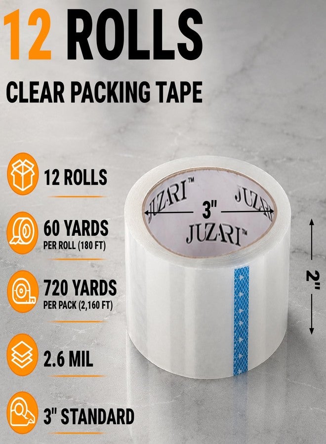JUZARI 12 Pack Heavy Duty Packing Tape - 2 Inch Clear Big Tape Rolls for Moving Boxes, Shipping & Storage - Bulk Carton Sealing Mailing Refills - 2.6 Mil Thick, 60 Yards Per Roll, 720 Total Yards - Image 2