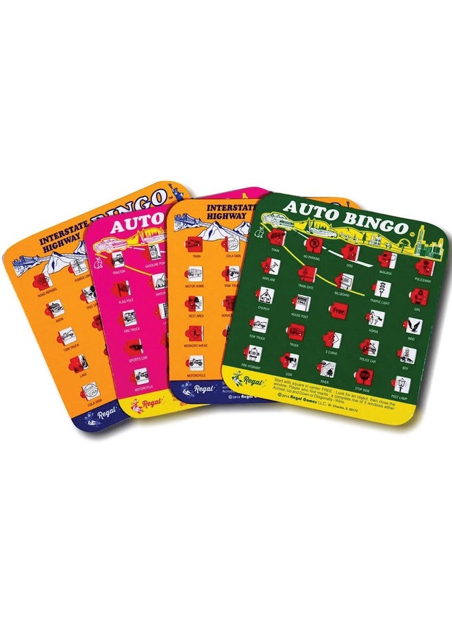 Regal Games - Finger-Tip Shutter Bingo Cards With Sliding Windows - Interstate Bingo & Auto Bingo Game - Assorted Colors Travel Bingo Game Set Kids - Reusable, No Chips & Daubers Needed - 4 Packs - Image 1