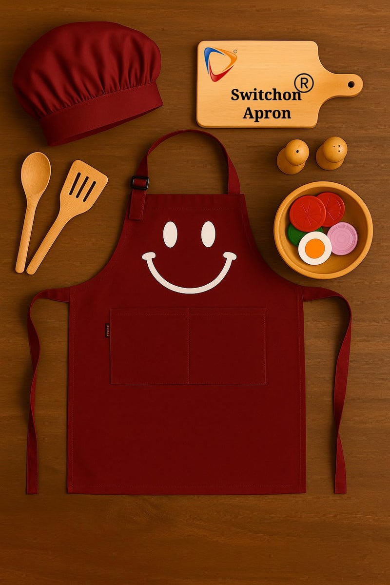 Switchon Polyester Waterproof Adjustable Kids Multi purpose Apron and chef cap School Apron - for 3 years to 6.5 years (Maroon) - Image 3