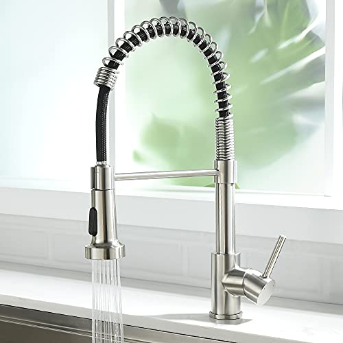 OWOFAN Kitchen Faucet, Kitchen Faucets with Pull Down Sprayer Sus304 Stainless Steel Industrial Single Handle One Hole Faucet for Farmhouse Camper Laundry Utility Rv Wet Bar Sinks Bushed Nickel 866082SN - Image 1