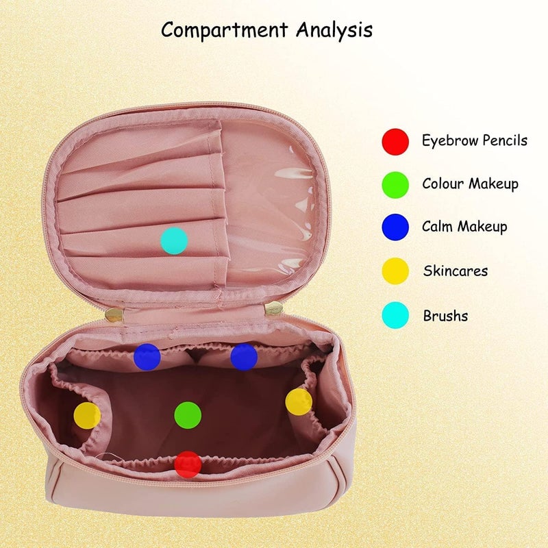 SPRADE Women’s Large Capacity Cosmetic Travel Bag - Waterproof Leather Makeup Organizer with Wide Opening, Dividers with Handle by (Pink) - Image 5